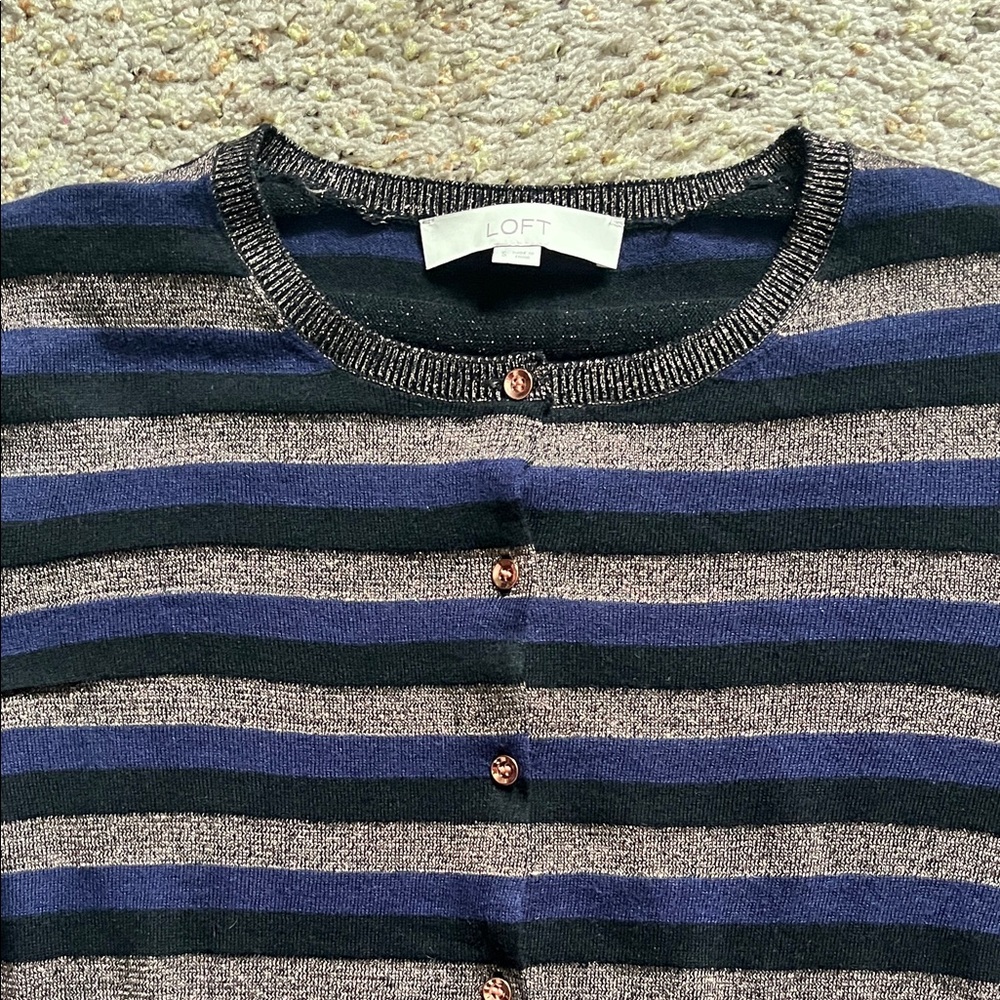 LOFT Women’s Cardigan - Black, Blue, and Gold Stripes
